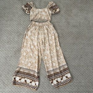 Chic Floral Beige and Brown Crop Top and Wide Leg Pants Set